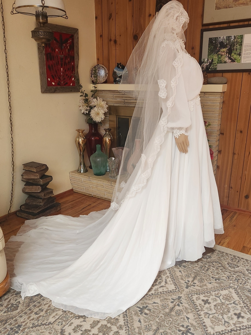 Vintage 1970s Boho Lace Wedding Gown & Juliet Cap Set | ILGWU Made - Picture 2 of 16